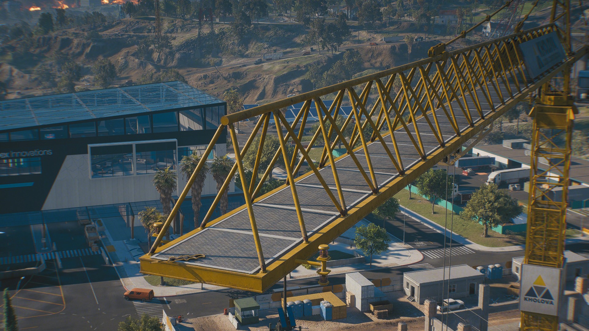 Example placement of a narrative weapon on the tip of the tech campus crane.